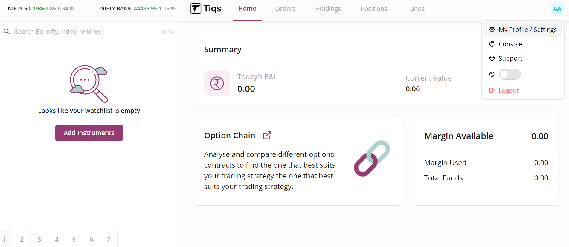 Tiqs Profile Settings Dropdown